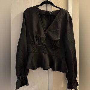 Express Black V-Neck Blouse with Peplum Hem